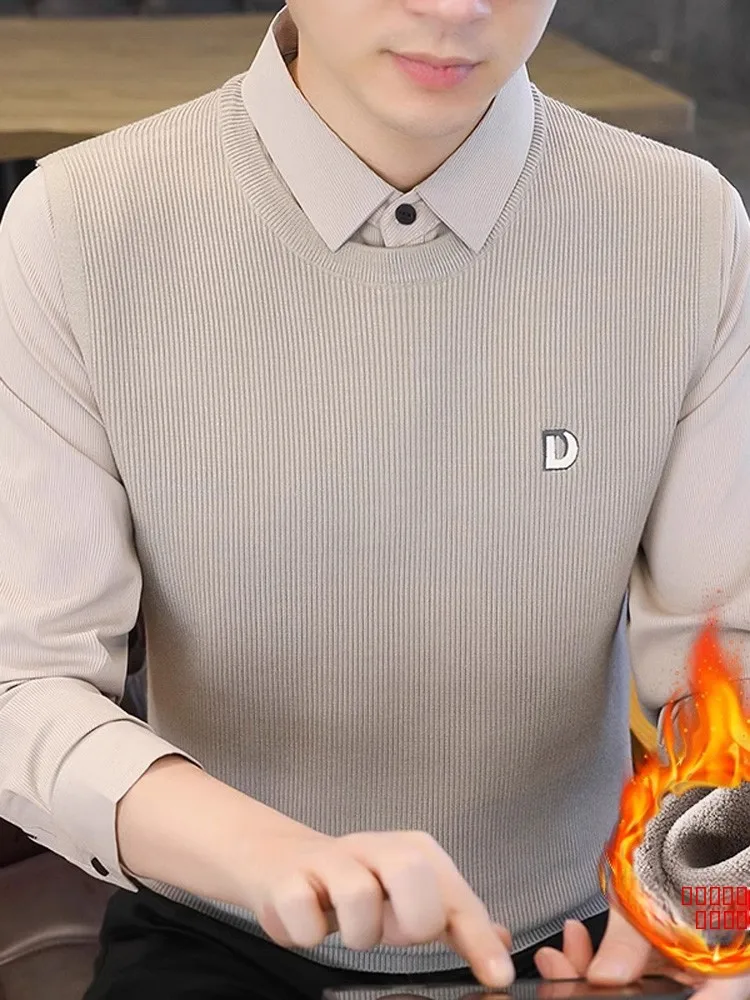 

Мужской вязаный свитер с воротником-стойкой, имитация двухслойности, утепленный, повседневный, зимний, модный, деловой, повседневный жилет-топ