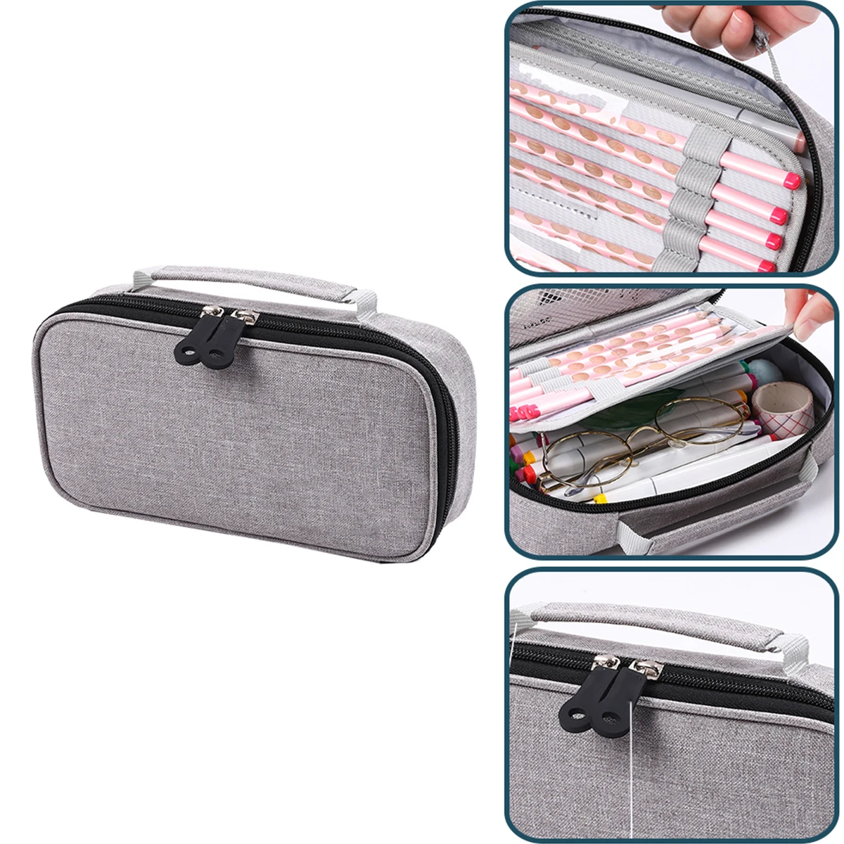 

Large Capacity Grey Pencil Case Canvas Pen Organizer Zipper Storage Bag For Art Drawing Stationery Simple Student Portable