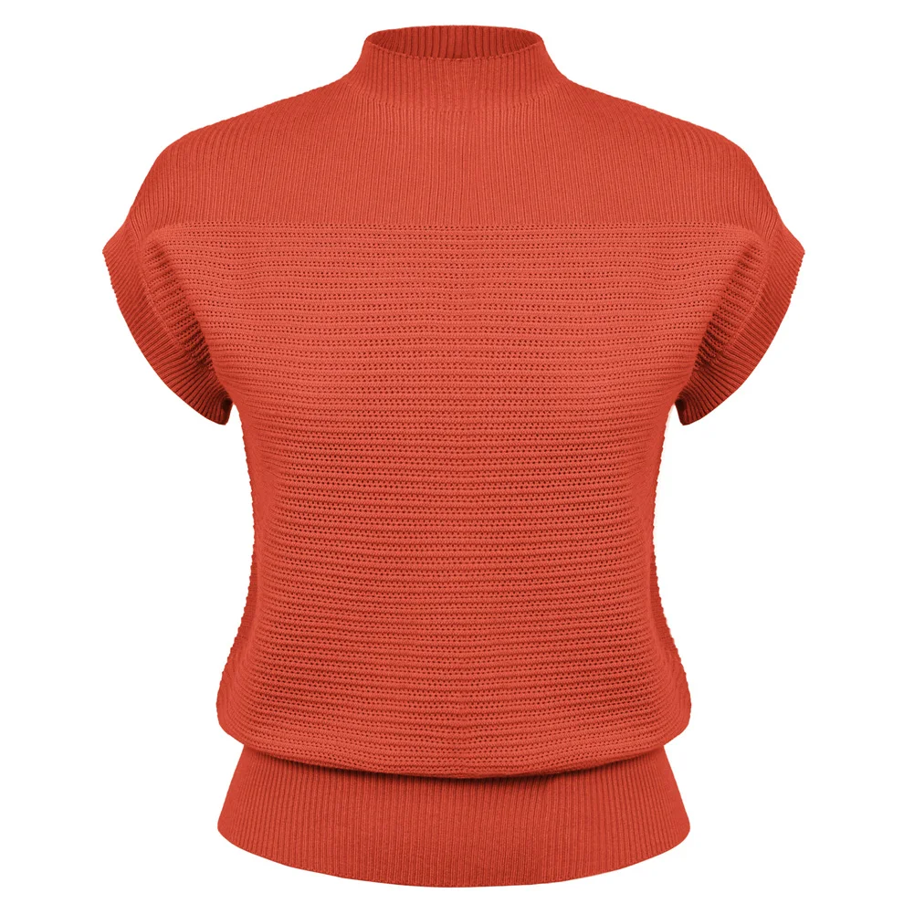 

Women Causal Ribbed Cuff Sweater Short Sleeve Half High Neck Pullover Solid Color Tops Slight Stretch Tee T-shirts Summer 2023