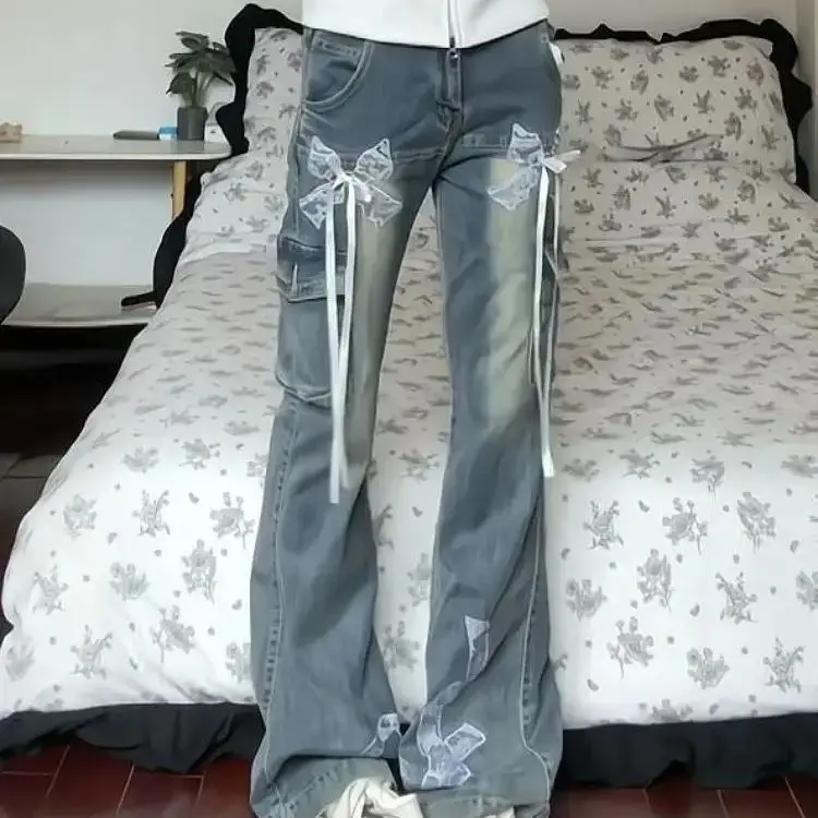 American Retro Lace Bow Jeans Women 2025 Summer New Niche Design Slim Casual Versatile Drooping Trousers