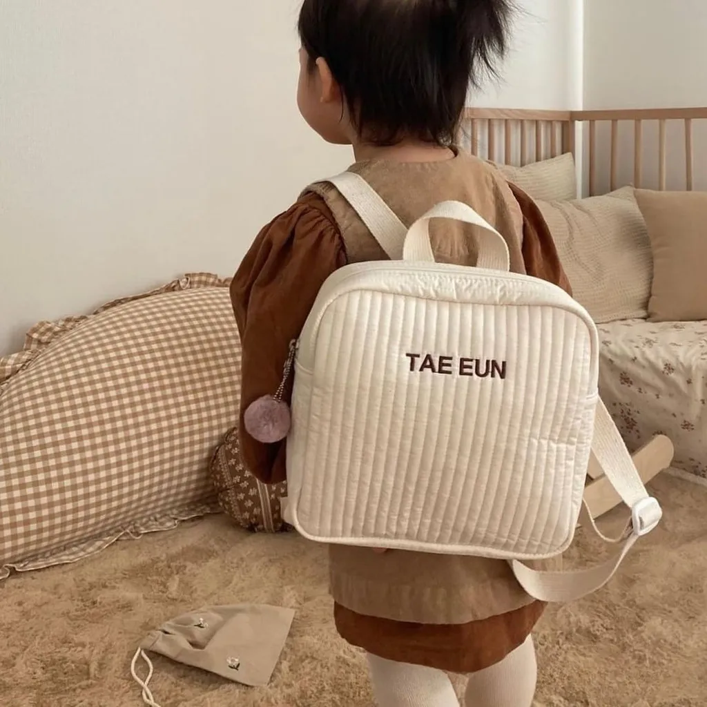 Customized Embroidered Name Stripe Solid Color Backpack Cute Minimalist Toddler School Bag Perfect Daily Campus Travel Essential