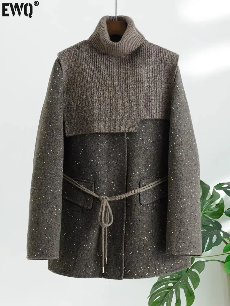 [EWQ] Korean Temperament Woolen Coat Spliced Knit Turtleneck Lace-up Design Loose Women Cashmere Outerwears 2025 Spring 16O3894