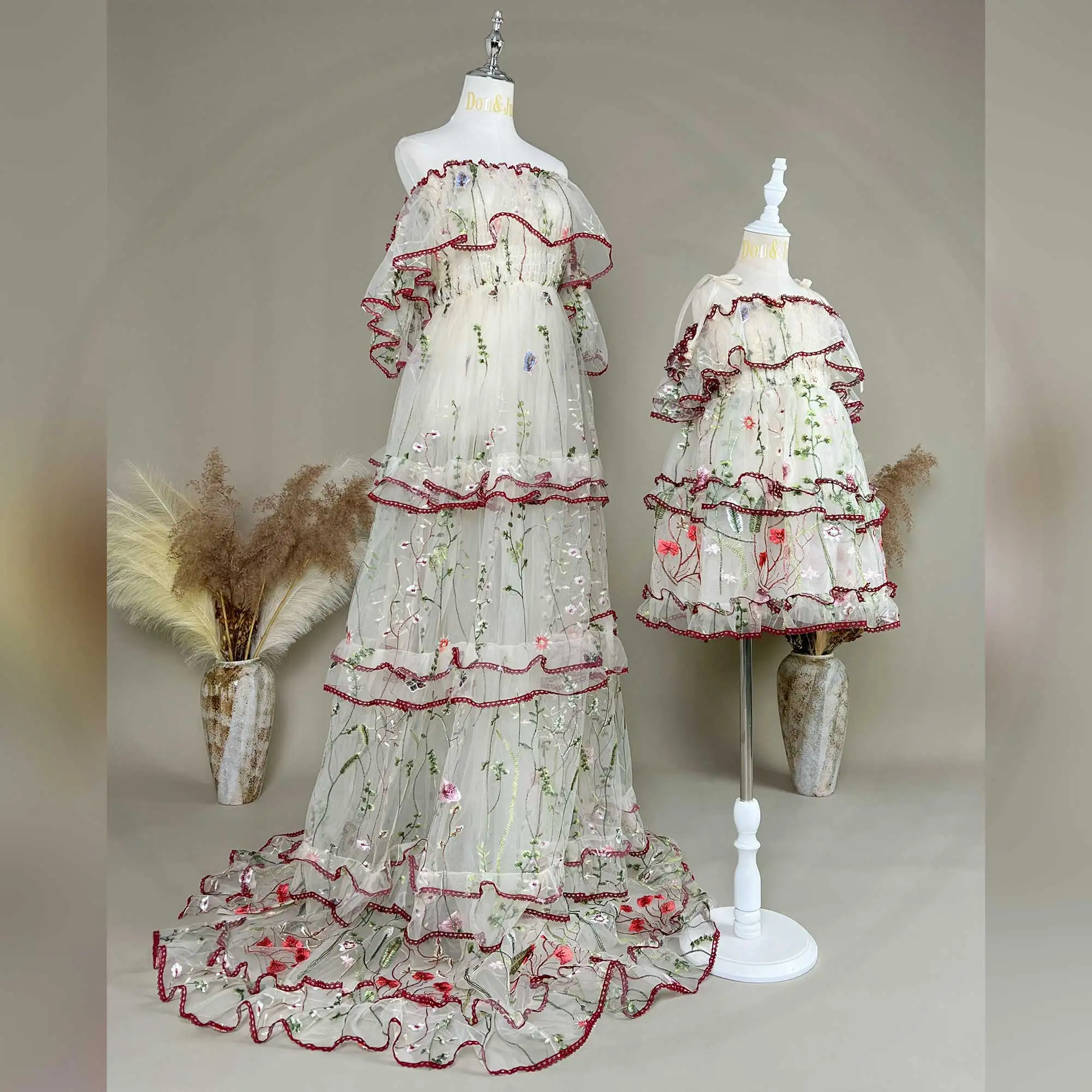 Don&Judy Bohe Mother & Daughter Photography Gown Strapless Ruffled Tulle Dress for Birthday Party Maternity Photo Shoot Clothing