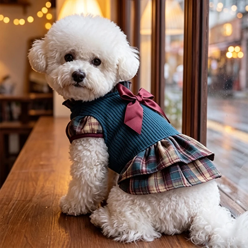 Autumn Winter Girls Dog Dress Striped Plaid Bow Dogs Clothes Luxury Pet Skirt Costume for Dogs Chihuahua Yorkshire Puppy Dresses