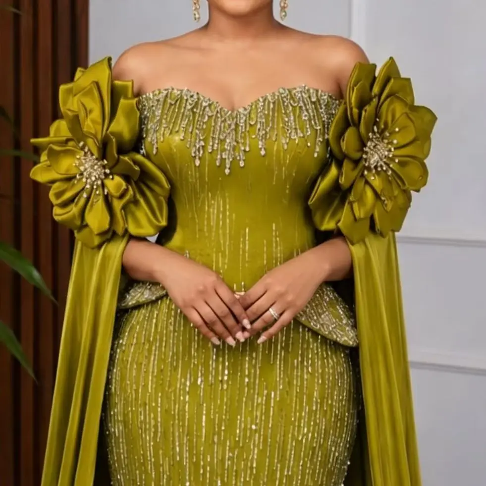New Elegant Olive Green Prom Dresses African Off Shoulder Beaded Evening Dress Mermaid Party Gowns Vestidos De Cóctel Customized