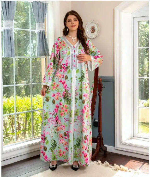 Manga comprida taukye vestido solto, elegante vestido padrão floral, pescoço em v, estilo dubai, primavera