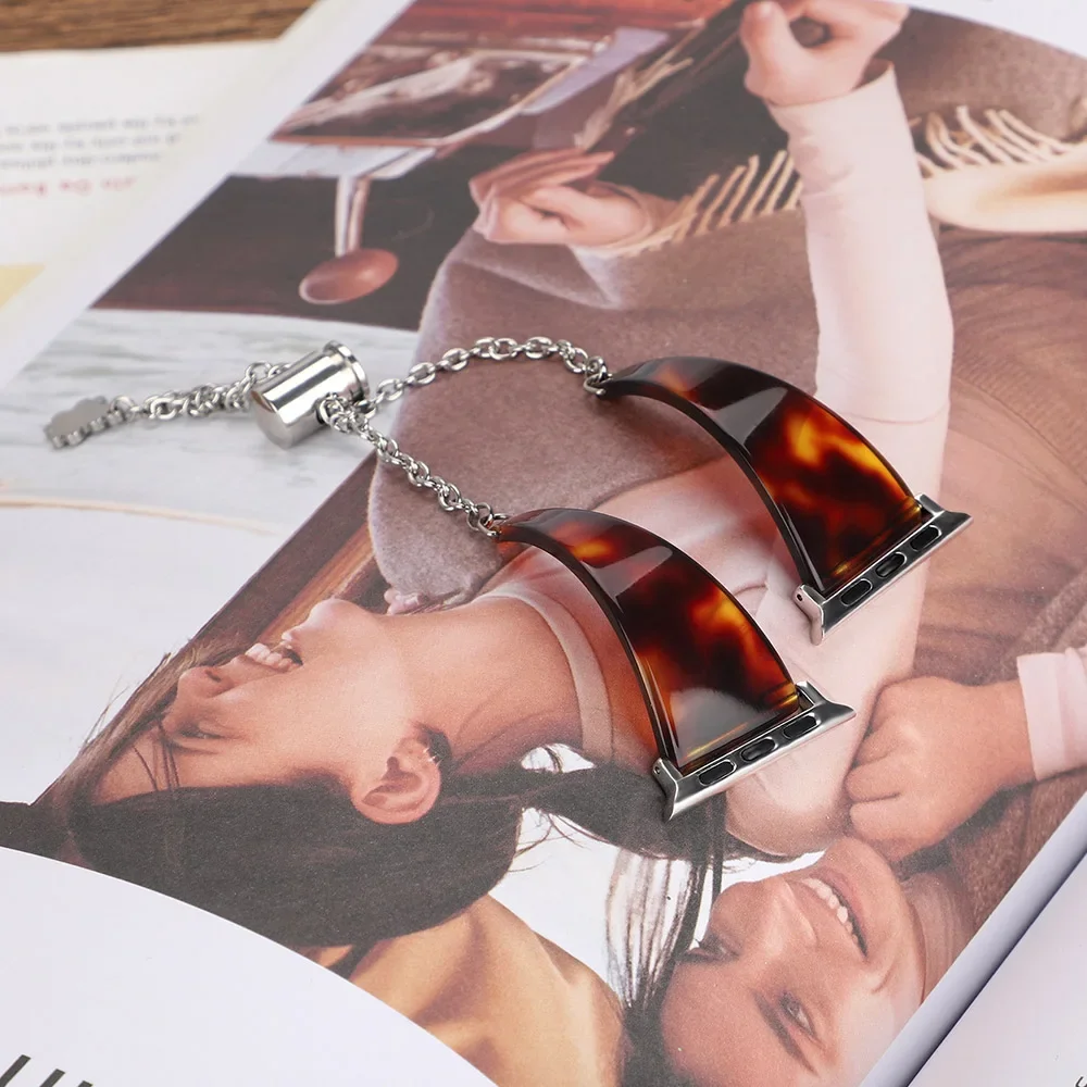 Resin Strap for Apple Watch Band 45mm 41mm 44mm 42mm 40mm 46mm Pendant Chain Bracelet Wristband iWatch series 10 9 8 7 6 5 band