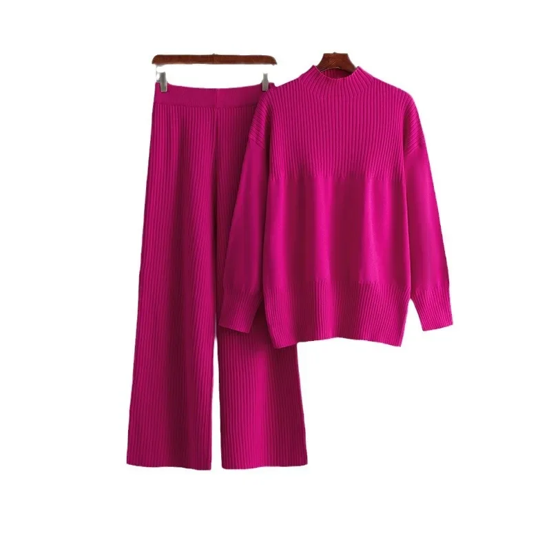 Chándal de punto suelto informal para mujer, conjunto de 2 piezas, suéter de cuello redondo y pantalones largos de piernas anchas, prendas de punto gruesas, Otoño e Invierno