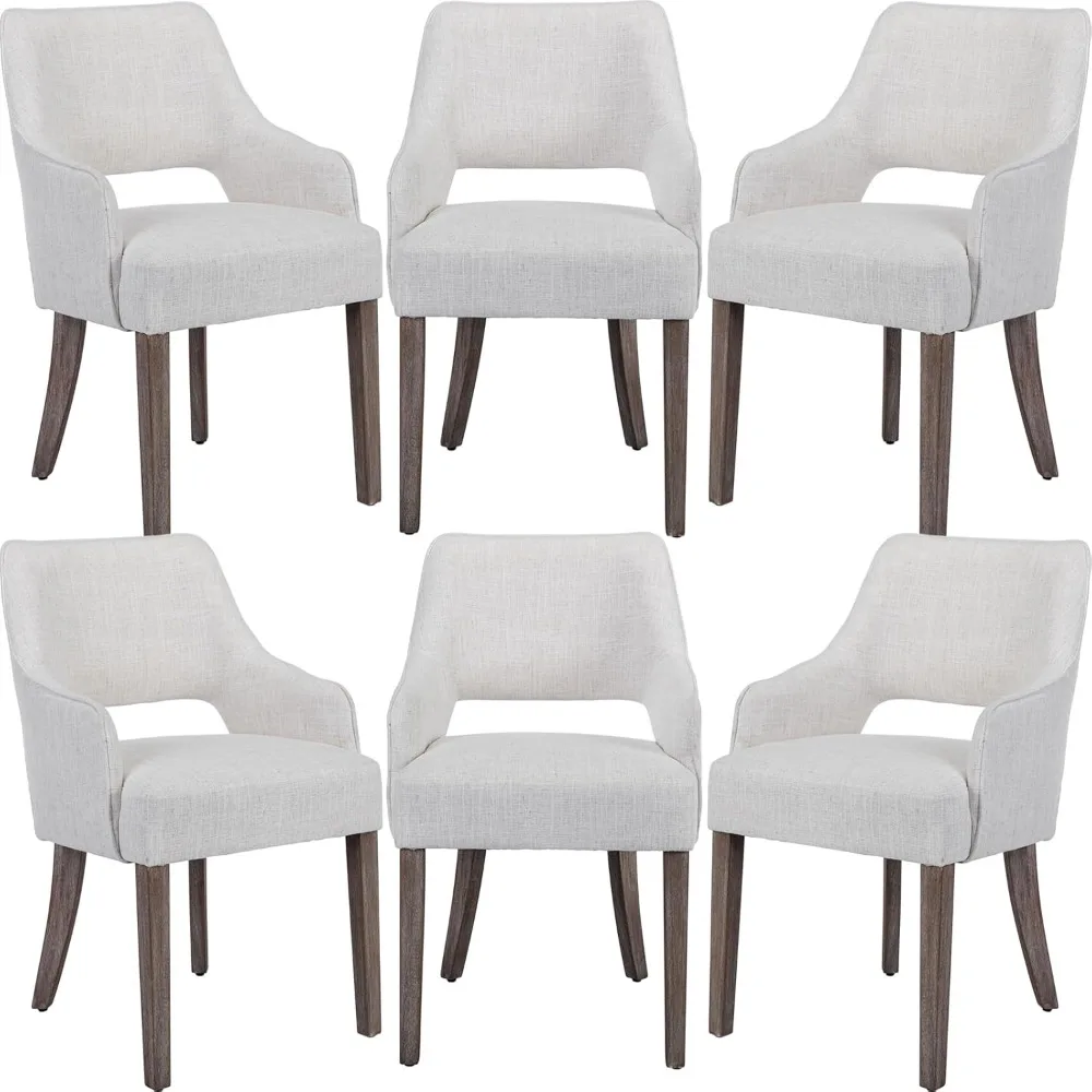 

Modern Dining Chairs Set of 6 Linen Upholstered Accent Side Chair with Wood Legs & Mid Open Back, Arm Chair for Home Kitchen and