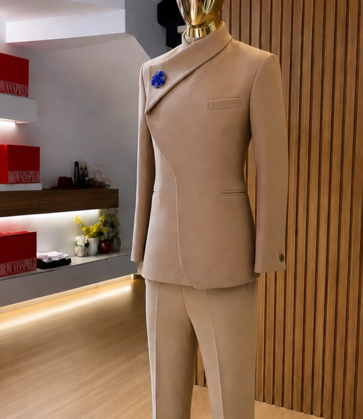 Designer Mens 2 Pieces Suit Oblique Stand Collar Blazer Pants Set Slim Fit Luxury Formal Wedding Groom Outfit Prom Customized