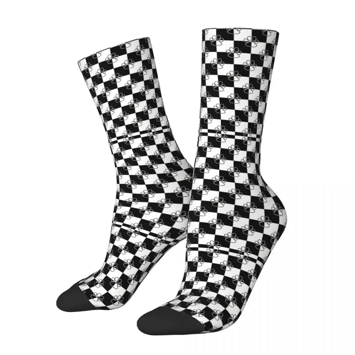 Black And White Checker Dog Paw Socks Male Mens Women Autumn Stockings Polyester