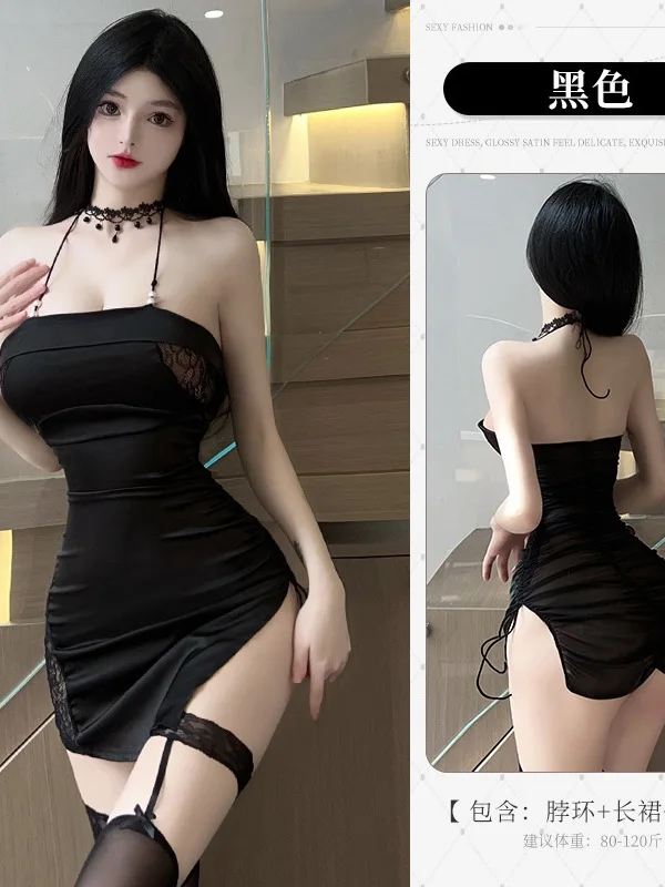 Women Hanging Straps Thin Spliced Lace Ties Dress Side Split Erotic Nightclub Neck Mounted Sheer Elegant Mature Gentle M0DO