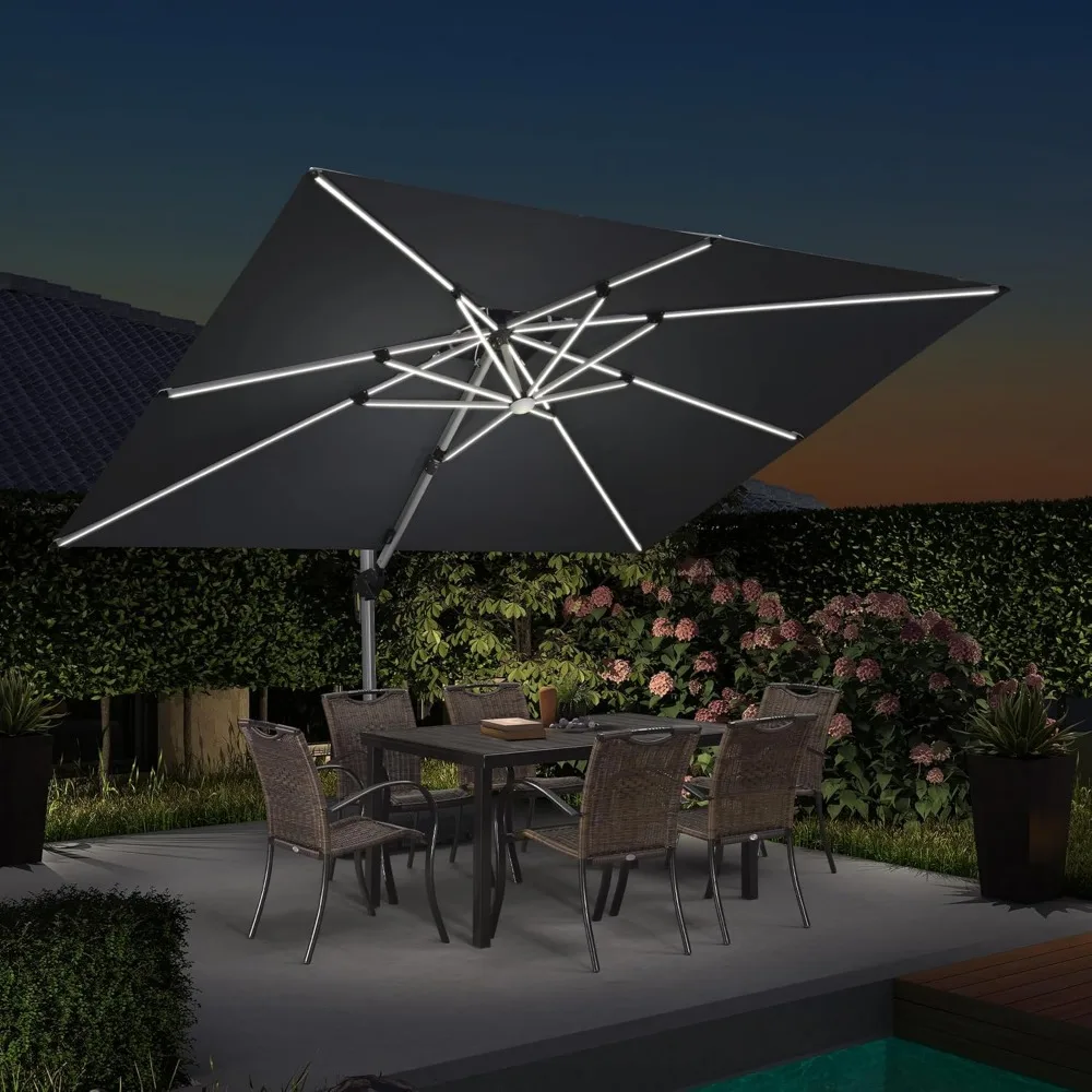 9' X 12' Solar Powered LED Rectangle Cantilever Umbrella with Base Patio Umbrella Windproof Hanging Umbrellas Outdoor