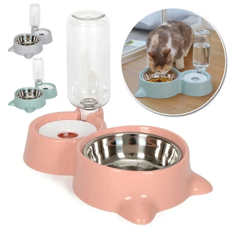 

Pet Cat Bowl Automatic Feeder Water Dispenser Dog Cat Food Bowl with Drinking Raised Stand Double Dish Bowls for Cats Dogs Pet