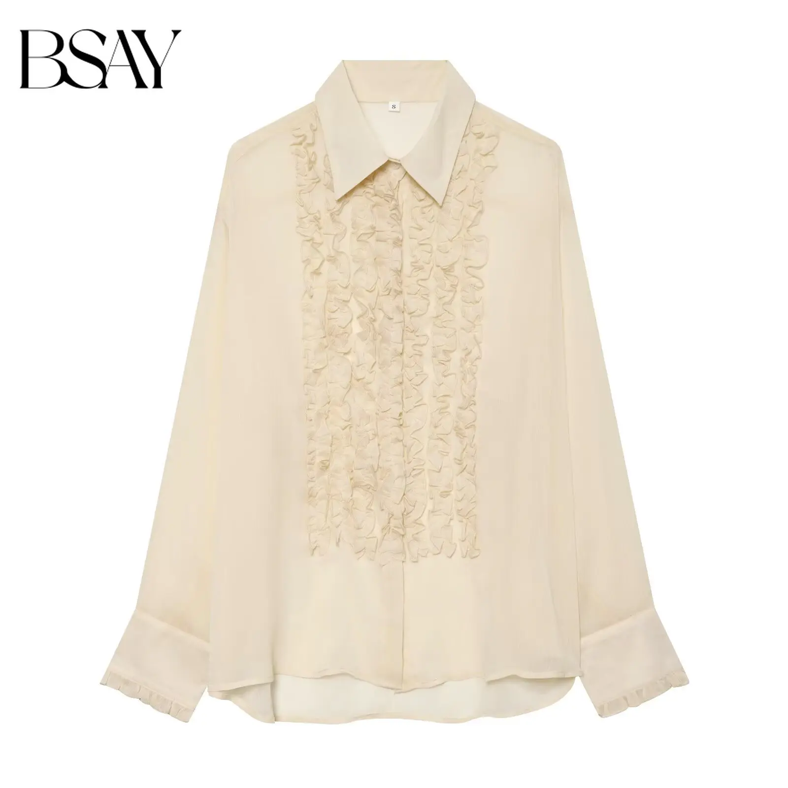 BSAY Damen-Bluse in Beige, transparent, mit Revers, schmale Passform, Knopfleiste, langärmelig, Rüschenbesatz, elegant, für das Büro, schicke Damenoberteile, Mujer