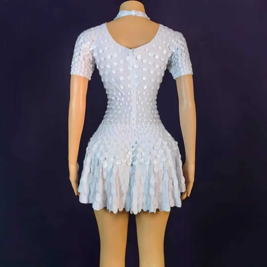 Women White Sequin Short Sleeve Singer Dancer Dress Wedding Party Birthday Stage Wear DJ DS Gogo Costumes