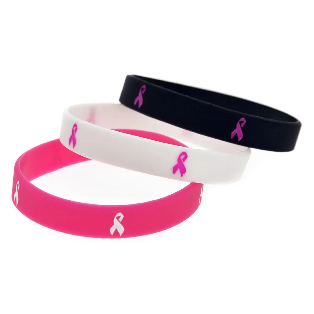 50 Pcs Ribbon Cancer Awareness Silicone Bracelet Adult Size 3 Colors