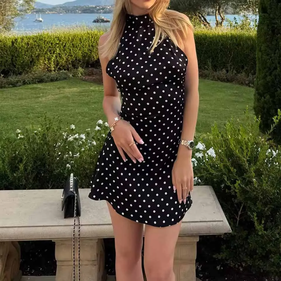 Sexy Neckholder-Kleid mit Polka-Dot-Print für Damen, elegantes Partykleid, schmal geschnitten, rückenfrei, ärmellos, Minikleid, Sommer-Urlaubsoutfits – Detail 8