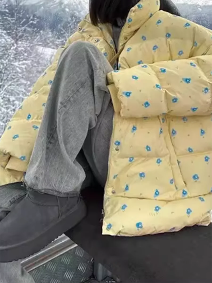 Twotwinstyle impresso floral puff jaqueta para mulheres com capuz manga longa retalhos cordão quente para baixo casaco feminino inverno novo estilo