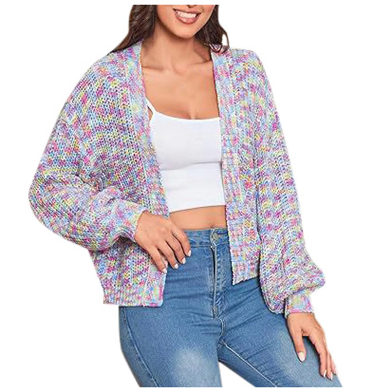 Coarse Wool Knit Cardigan V Neck Multi-Color Rainbow Sweater For Women Needle Hand Made  Female Fashion Coat 2025 Streetwear