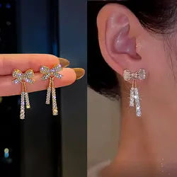 Korean Trendy Bow Crystal Drop Earrings for Women 2023 Luxury Sparkling Cubic Zirconia Long Tassel Earrings High Jewelry Gifts