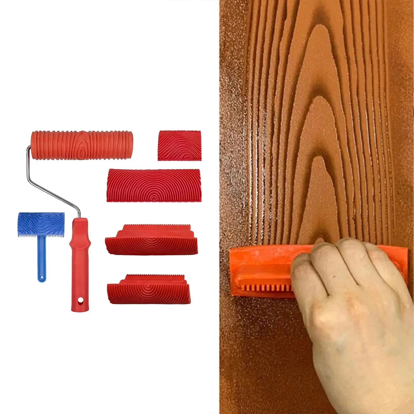 6x Wood Graining Tool Set Texture Paint Roller Design DIY Wood Grain Painting Tool Roller for Wallpaper Home Desks Room Indoor