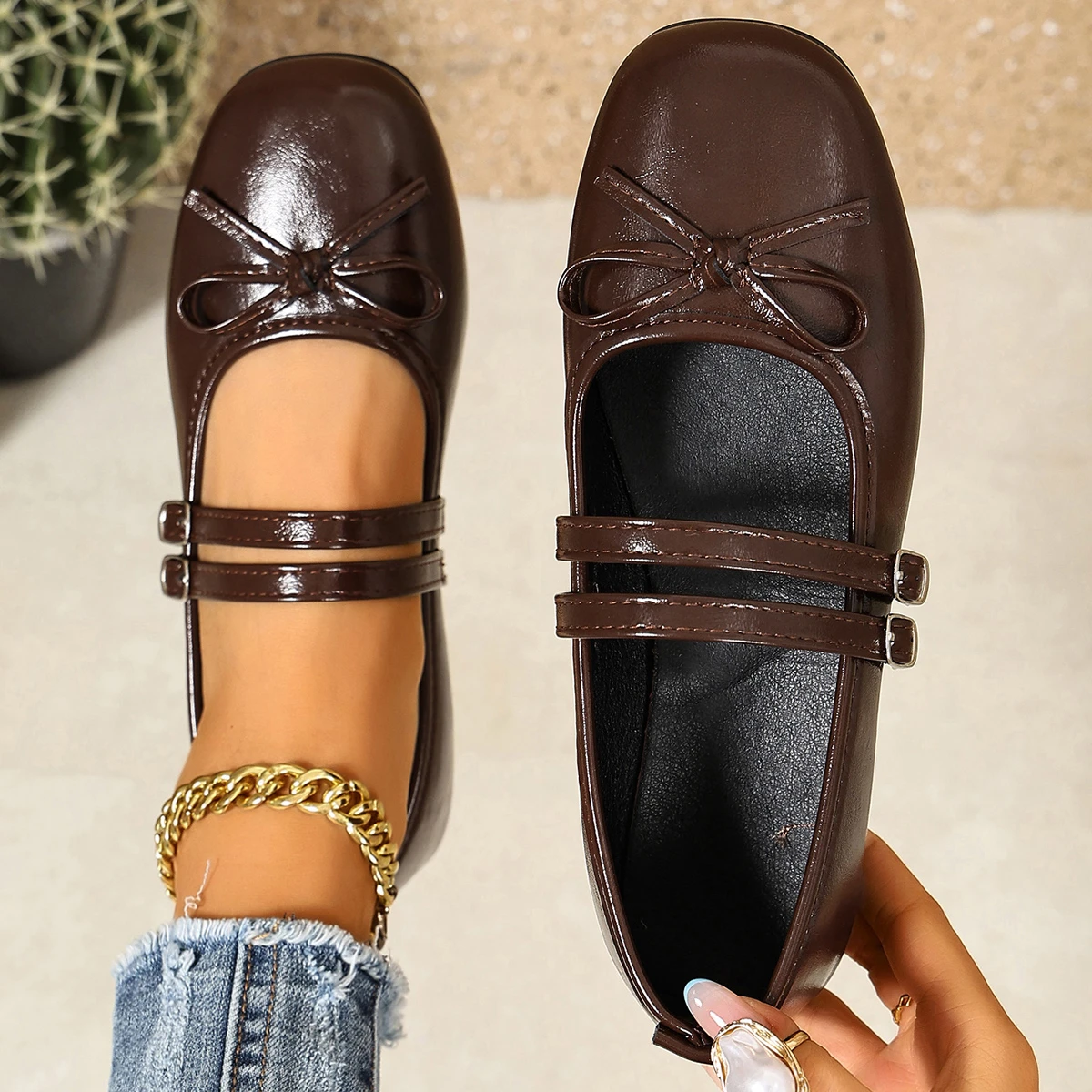 Women Bow Mary Jane Flats Round Toe Patent Leather Sneakers Women Double Strap Buckle Loafers Sweet Ballet Dress Shoes Women