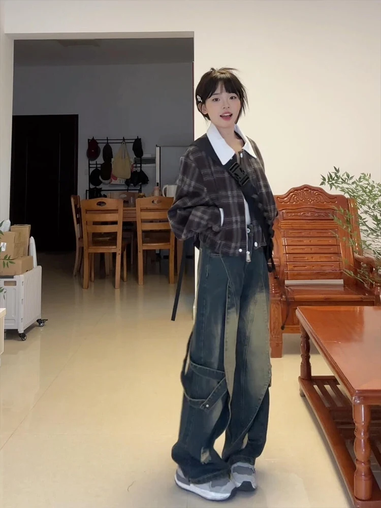 

Американская рабочая одежда в стиле ретро, джинсовые брюки, женские осенне-зимние свободные прямые широкие джинсы с тяжелой строчкой