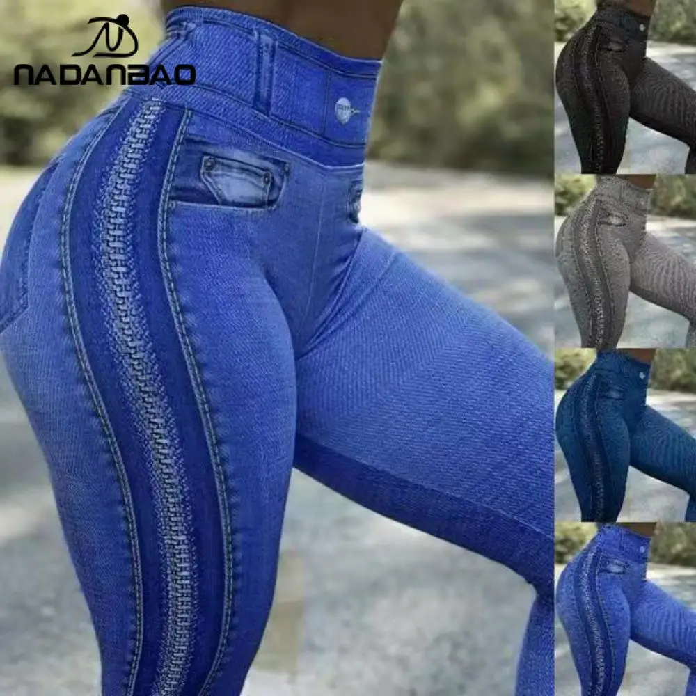 

Nadanbao Casual 3D Blue Jeans Print Leggings for Women Mid Waist Sexy Slim Trousers Denim Pattern Pants Fitness Yoga Tights Work