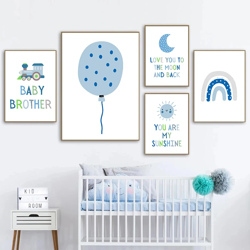 Minimalist Style Blue Cartoon Cute Stars Moon Sun Alpaca Poster Print Canvas Painting Wall Art Picture Home Childrens Room Decor