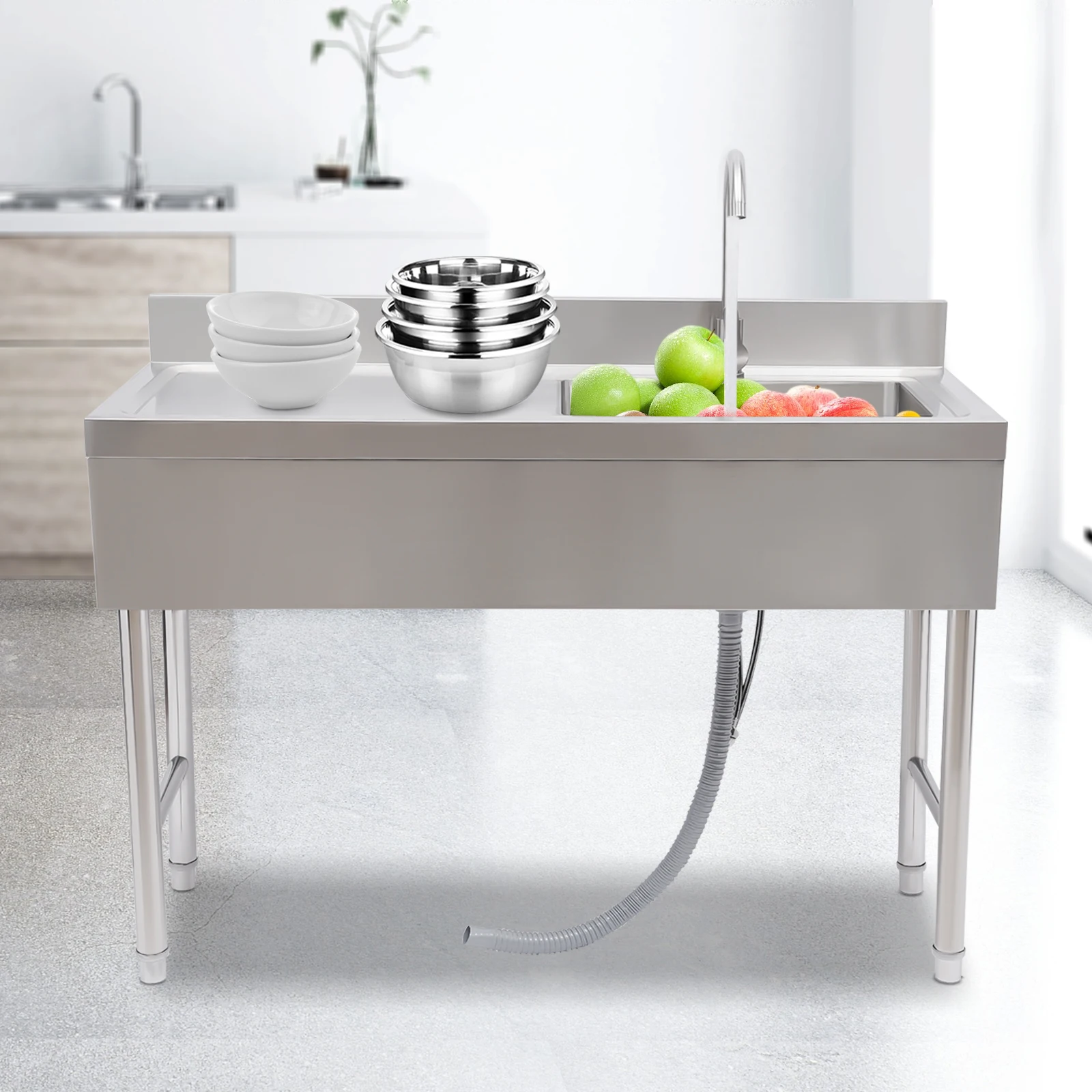 

Free Standing Stainless-Steel Single Bowl Commercial Restaurant Kitchen Sink Set W/Faucet & Drainboard for Restaurants, Canteens