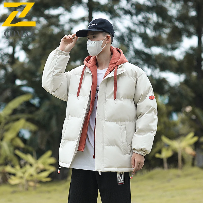 Heren parka jas warme losse nep tweedelige pure kleur straat winterjas wandelen reizen winddicht verdikte trendy broodjas