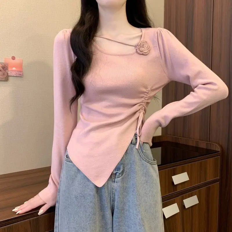 Swetry damskie nieregularna moda Vintage przytulna jesień Retro elegancka dzianina na wszystkie mecze marszczony projekt Casual swetry w stylu Harajuku Chic