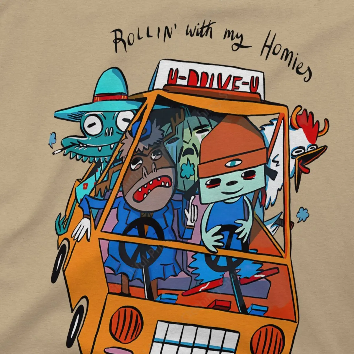 PaRappa The Rapper Couple T-Shirt Drive The Car Unique Funny Printing T-Shirts Loose Crewneck Breathable Tee Cotton Fun Tees