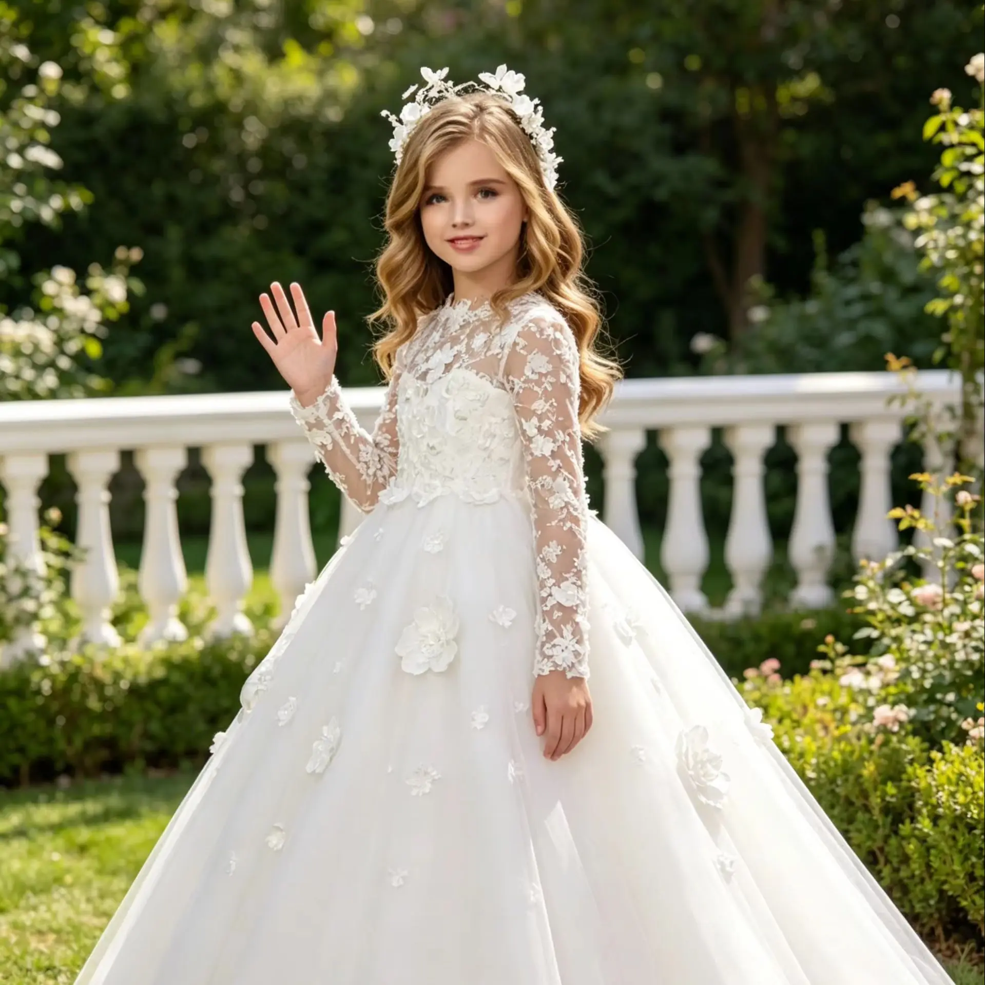 

White Flower Girl Dress for Wedding Full Sleeves Lace Beaded Floor Lenght Kids Birthday Party First Communion Gowns Custom