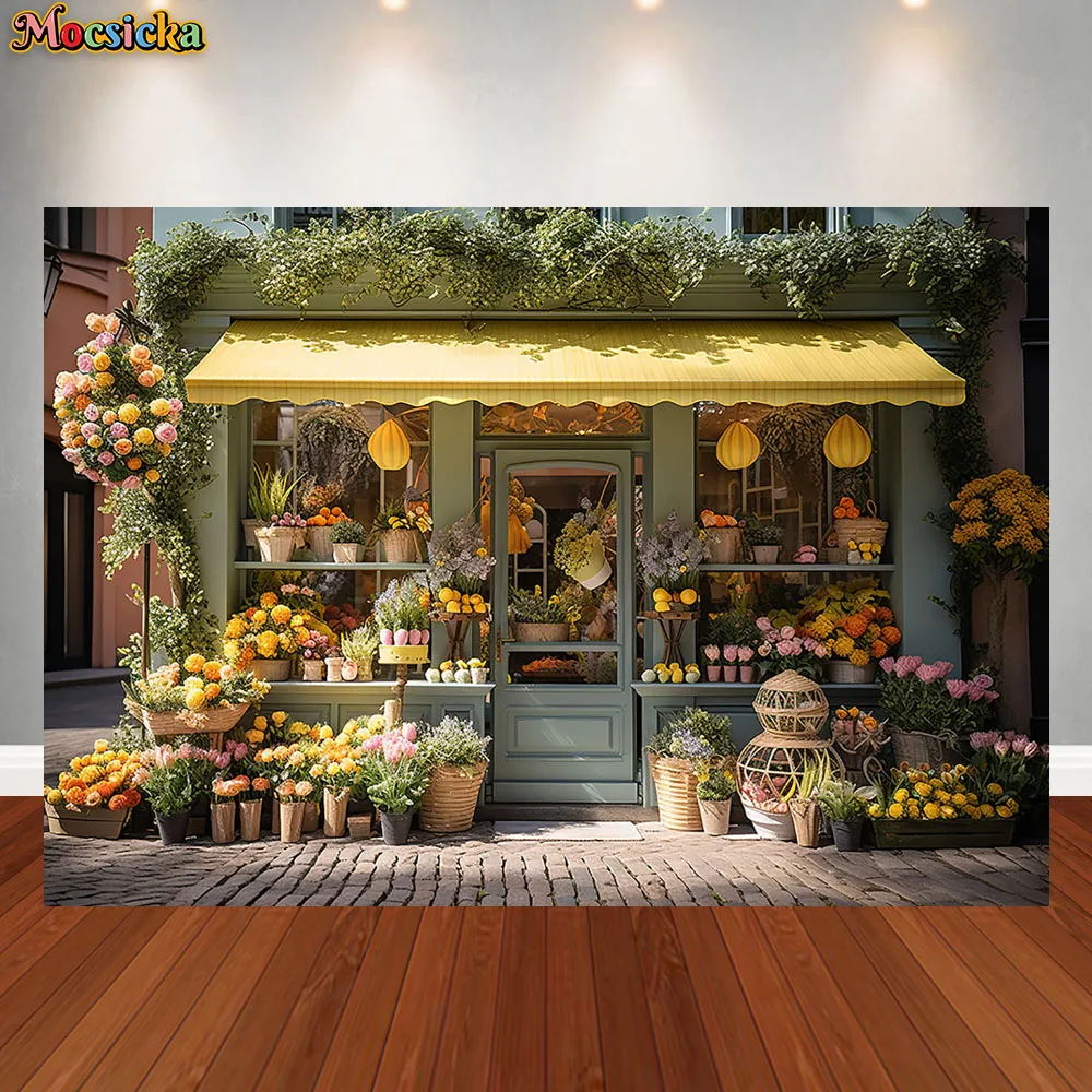 Mocsicka Spring Flower Shop Photography Backdrop Easter Bunny Tulip Garden Colorful Eggs Kids Birthday Portrait Photo Background