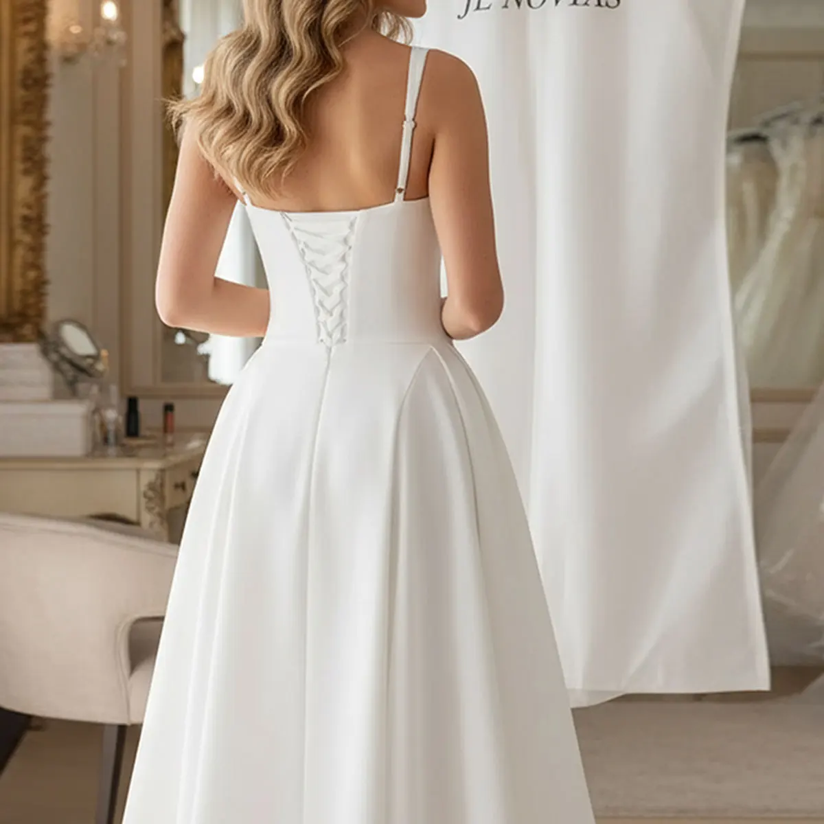 エレガントなミディ丈サテンウェディングドレス 花嫁用 プリーツスクエアカラー ブライダルパーティガウン 女性用 Aラインボールガウン