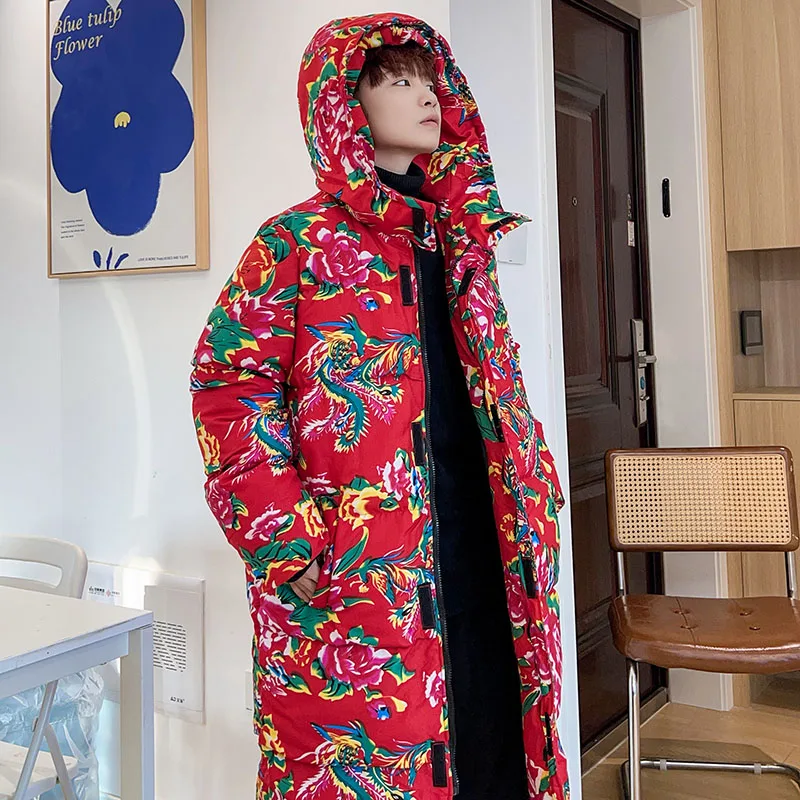 

Massgorule New Men's Women's Winter Cold Proof Overcoat Cotton Padded Jacket Warm Fashion Printed Coat with Extended Length Coat