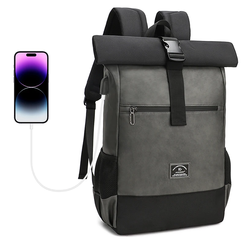 Imagem -03 - Kooger Mochila Roll Top para Homens e Mulheres Impermeável Leve Couro pu Expansível Usb Laptop Travel Bolsa Mochila