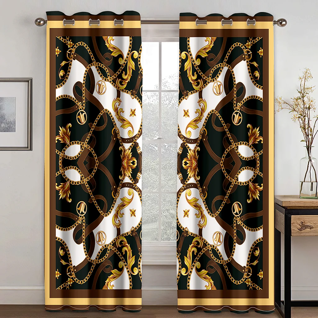 

Black and Gold Chain Short Kitchen Curtain, Modern Living Room Curtains, Window Drapery, 2 Panels