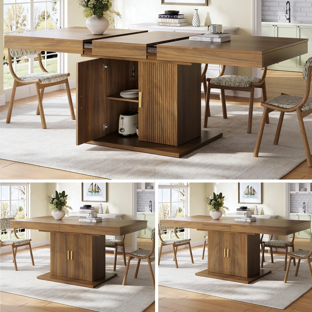 Tavolo da pranzo allungabile con vano contenitore integrato, da 140 a 180 cm, ante a listelli verticali, ripiani rimovibili, disponibile in 2 colori: rovere chiaro e noce. Tavolo da pranzo