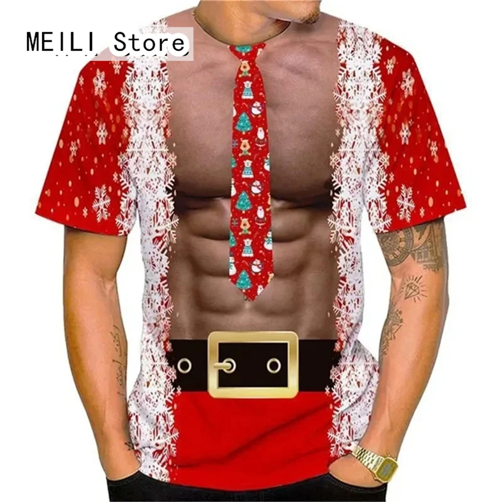 

Funny Christmas Muscle Print Tee Mens Clothes Fashion Hip Hop Party Round Neck T-Shirt Casual Tops Short Sleeve T-Shirts for Men