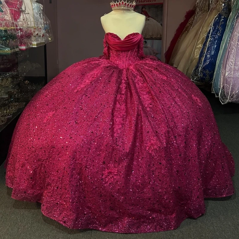 

Rose Red Shiny Princess Sweet 16 Dress Quinceanera Dresses Applique Beading Crystal Bow Tull Corset Party Birthday Vestidos 15