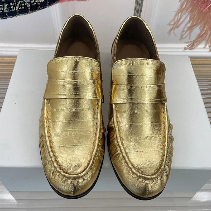 

Designer New Gold Leather Loafers Casual Shoes Women Daily Slip On Lazy Shoes Office Ladies Flat Heel Career Shoes Women