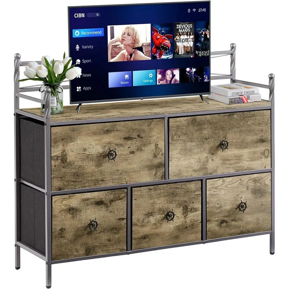 

Dresser TV Stand for Bedroom with 5 Fabric Drawers, Entertainment Center for 32/40/43 in TVs, Media Console Table with Storage,