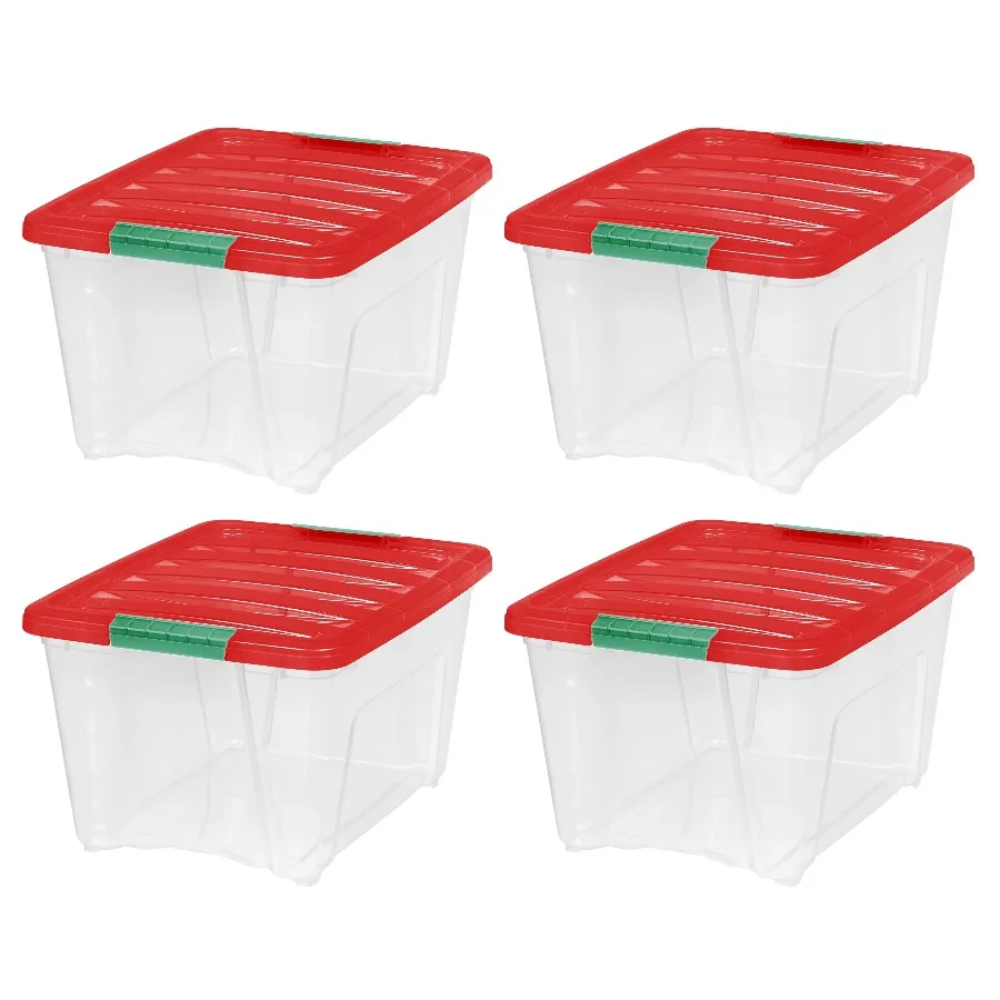 IRIS 32 Qt Stackable Holiday Plastic Storage Bins with Lids and Latching Buckles Clear Red 4 Pack
