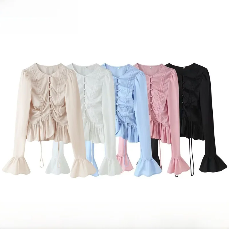 Early Autumn New Women's Fashion Simple Match Drawstring Bell Sleeve Long Sleeve Top Polyester Fiber round Neck Short Style