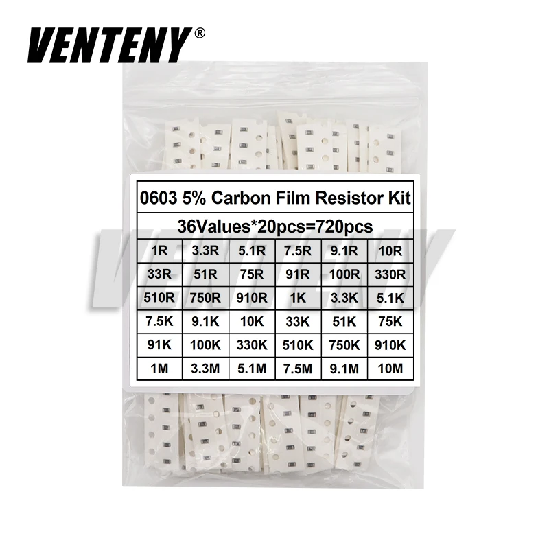 720pcs 5% 0603 0805 1206 SMD Chip Resistor Assorted Kit 1 ohm - 10M 36valuesX20pcs=720pcs Resistance Sample set