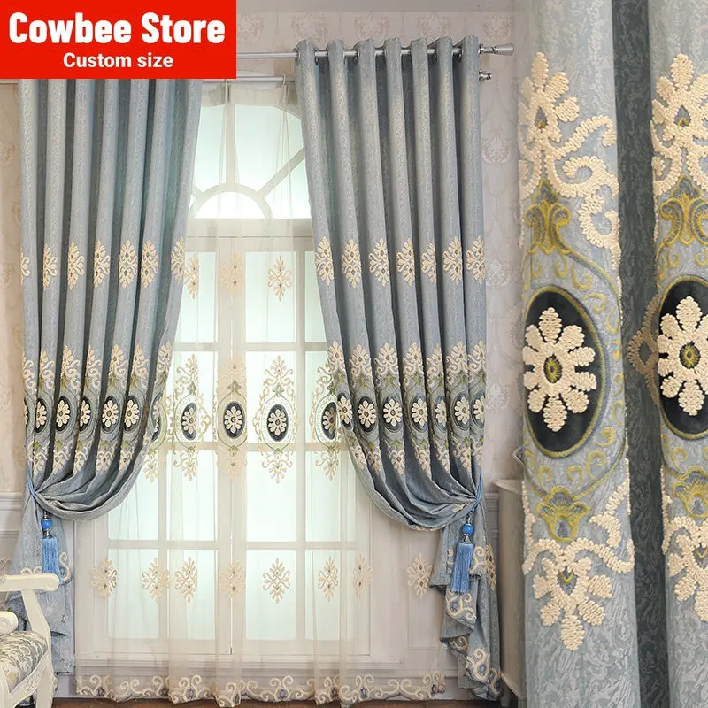

European Embroidery Curtains for Living Dining Room Bedroom Customized Simple Jacquard Semi Shading Finished Floor Screen