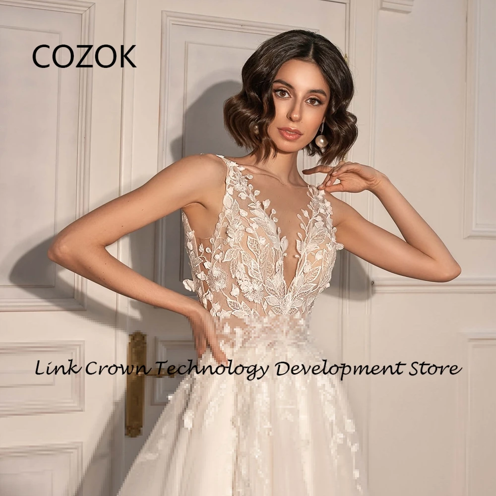 COZOK A Line Ivory Wedding Dresses for Women 2024 Summer New Lace Applique Summer Sleeveless Soft Tulle Vestidos De Novia New